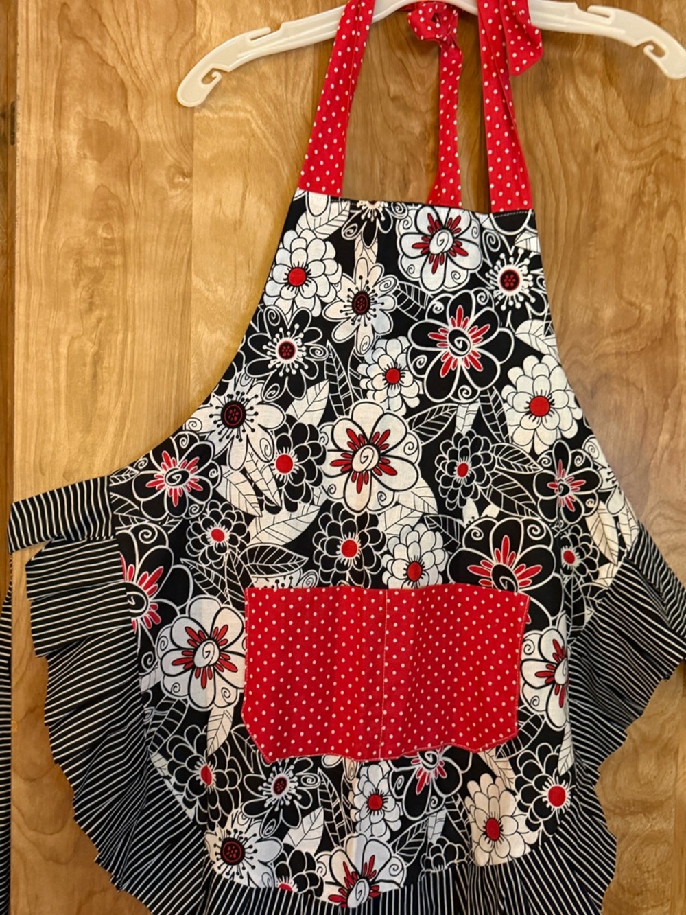 Women's Black & White Floral Apron with Red Polka Dot Accents